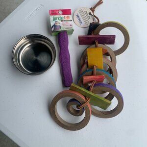 BIRD SUPPLIES - 3pc lot PARROT MACCAW, hanging cage toys, blocks, perch, bowl